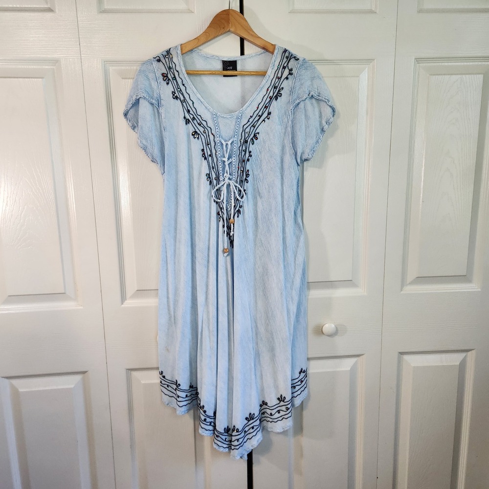 ACE Fashions Boho Embroidered Lace Up Asymmetrical Hem Dress Rhinestones 2X‎